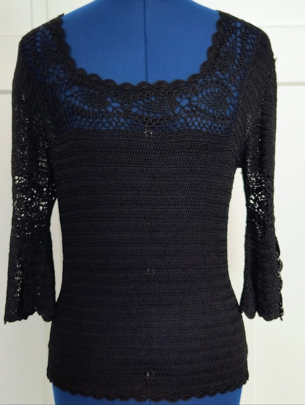 Bette Sung Black Crochet Scoop Neck Knit Top